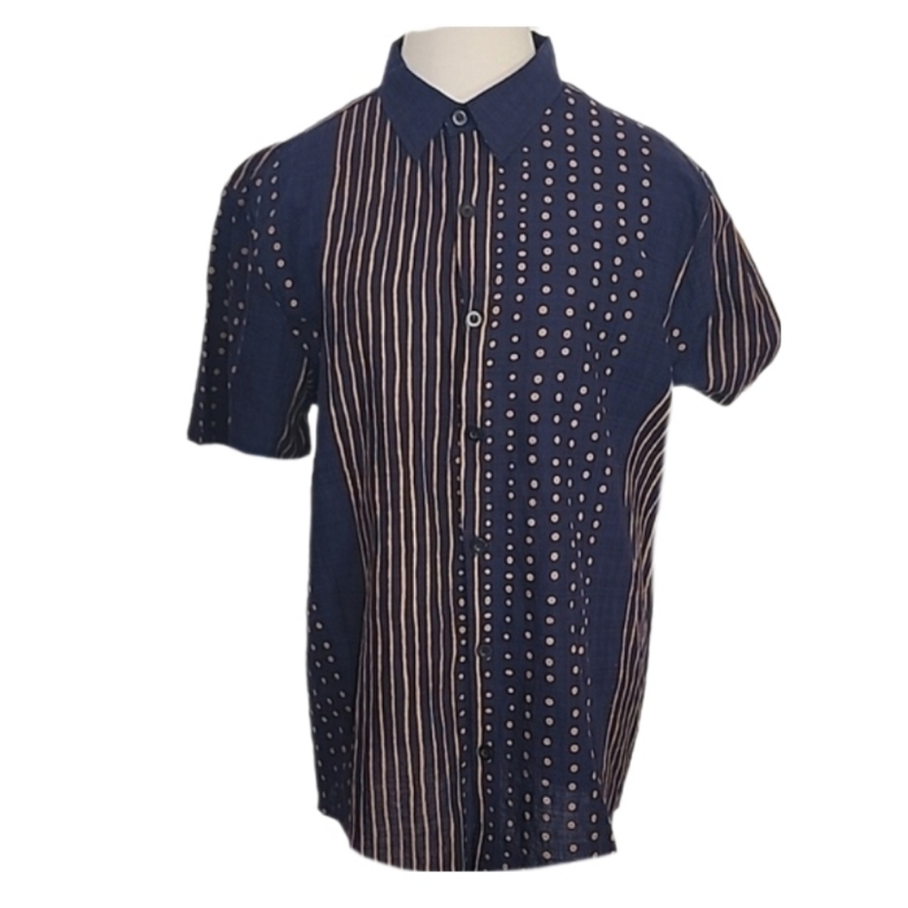 Vatpave Shirt Button Down Short Sleeve  Mens Polka dot and Stripe Navy Size M - Picture 3 of 11